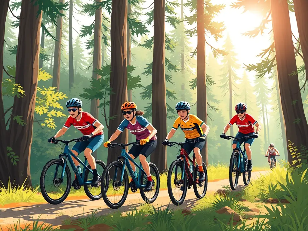 A group of mountain bikers riding through a sun-dappled forest trail, showcasing the guided tour activity offered by CLUB 14 MOUNTAIN BIKE.