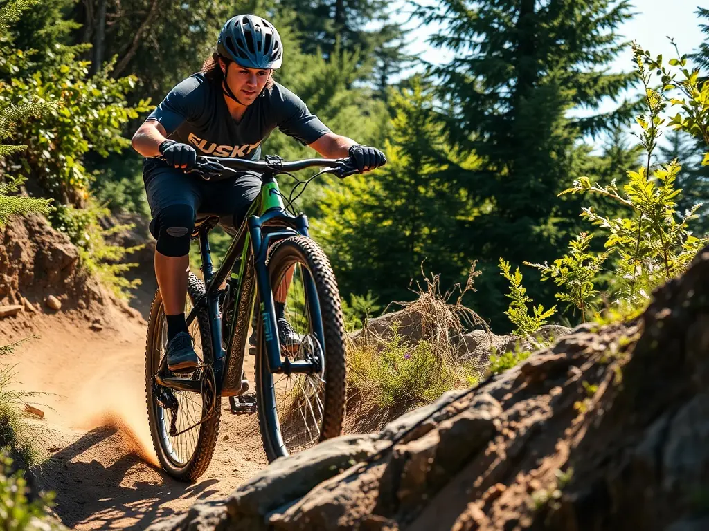 A mountain biker successfully navigating a challenging obstacle course, representing the skill-building workshops provided by CLUB 14 MOUNTAIN BIKE.