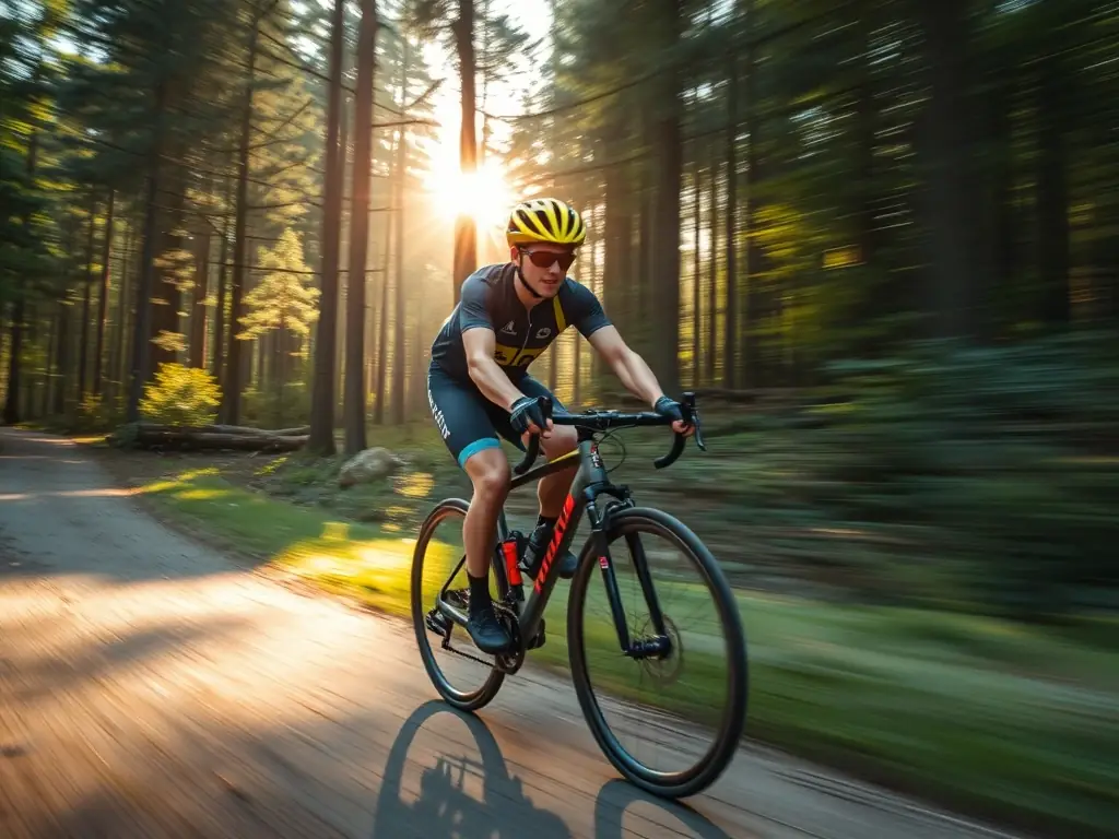A cyclist smiling broadly while riding through a scenic forest trail, representing the physical and mental health benefits of mountain biking with CLUB 14.