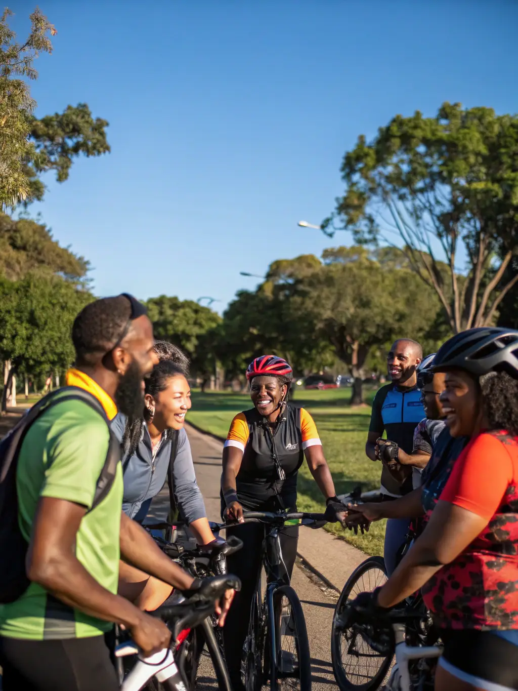 A group of CLUB 14 MOUNTAIN BIKE members laughing and chatting together after a ride, showcasing the strong sense of community and camaraderie within the club.
