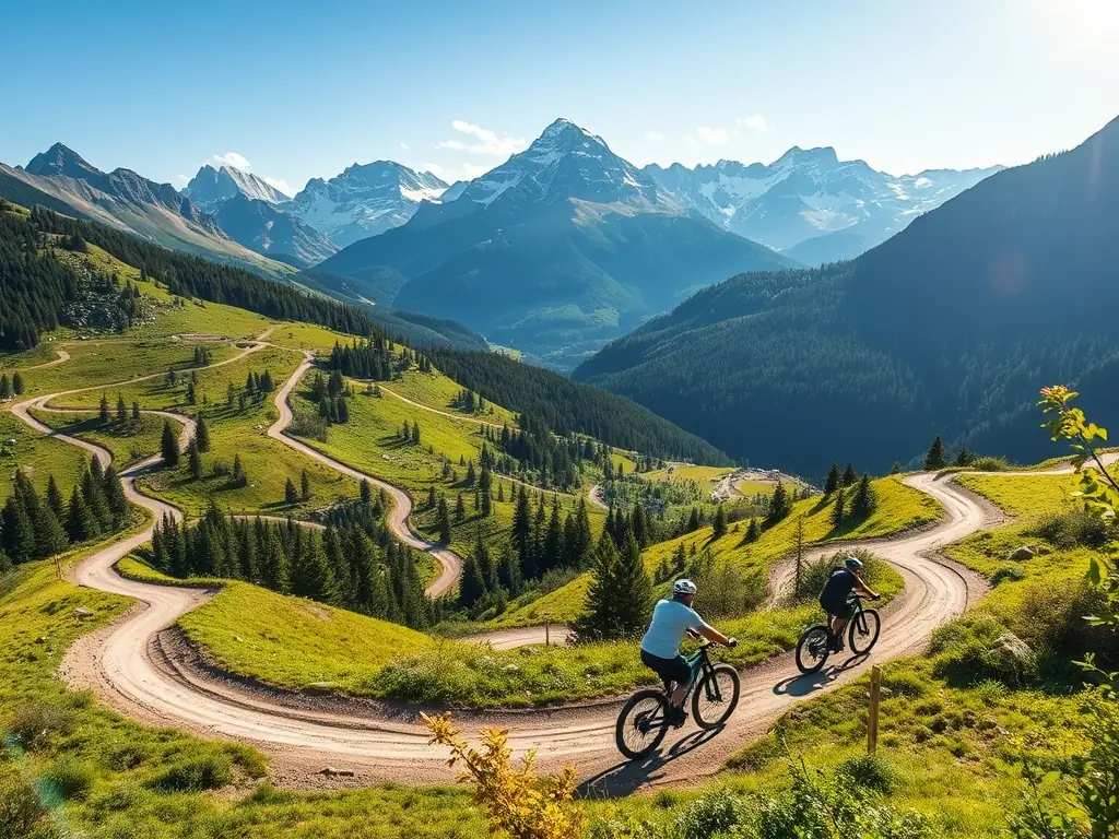 A dynamic shot of a mountain biking skills workshop in progress. Participants are practicing techniques on a specially designed course with ramps and obstacles, under the guidance of an experienced instructor.