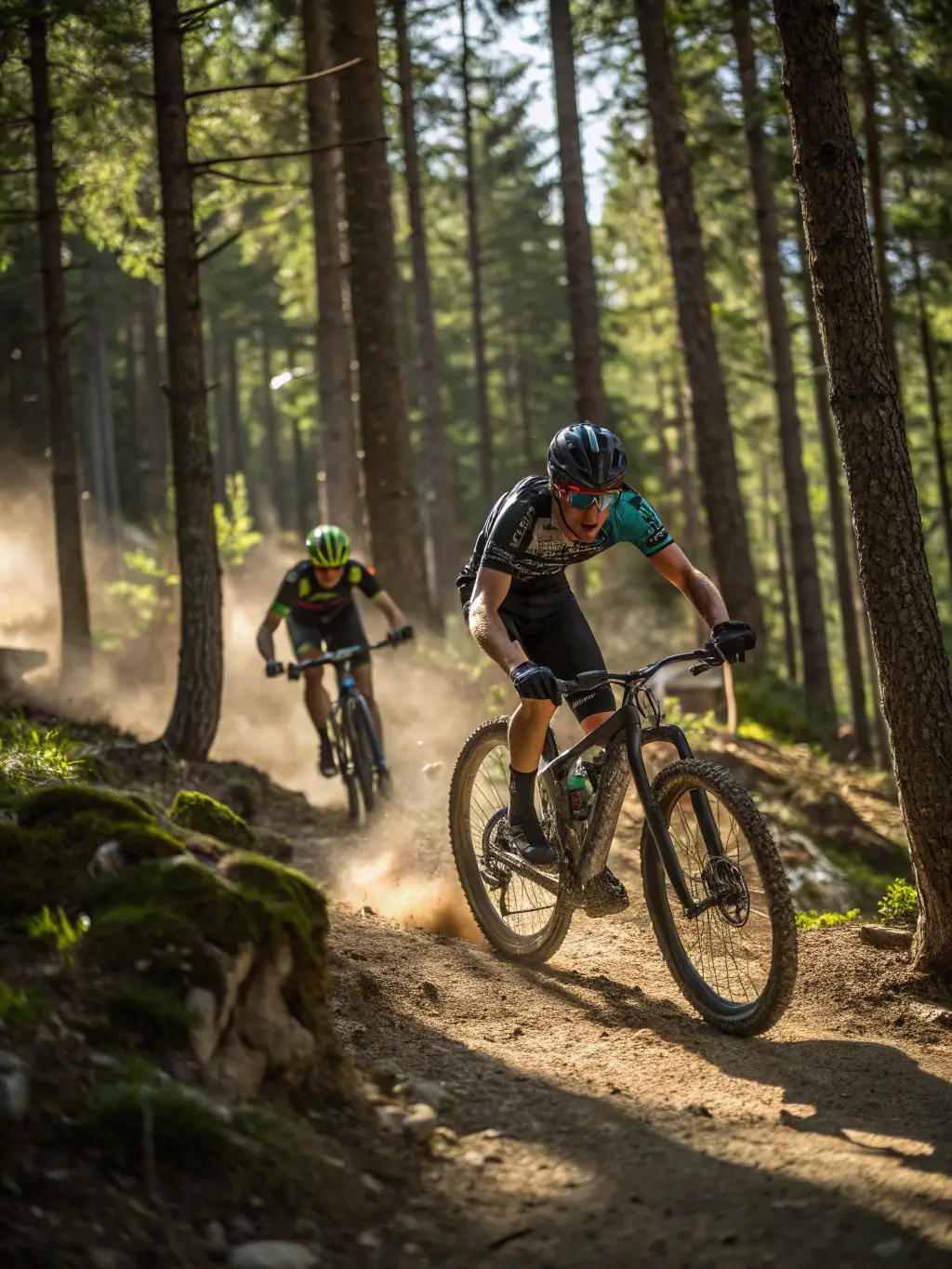 A scenic shot of CLUB 14 MOUNTAIN BIKE members riding through a beautiful forest trail, highlighting the opportunity to explore nature and enjoy the outdoors.