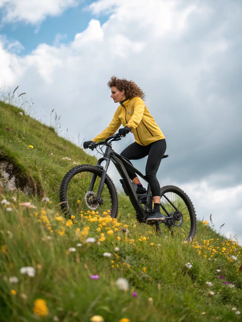 A CLUB 14 MOUNTAIN BIKE member smiling as they conquer a challenging uphill section of a mountain bike trail, emphasizing the physical fitness benefits of mountain biking.