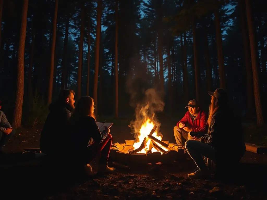 A heartwarming image of a group of CLUB 14 members gathered around a campfire after a day of riding. They are laughing, sharing stories, and enjoying the sense of community that the club fosters.
